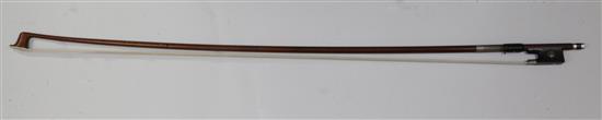 A German nickel mounted violin bow, stamped W E Dorfler, 64g